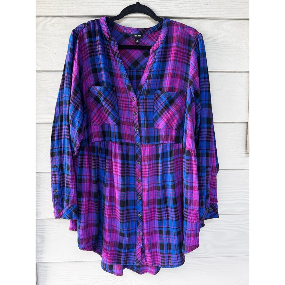 Torrid Size 3 Purple Pink Blue Plaid Babydoll Tunic Button Front Grunge academia